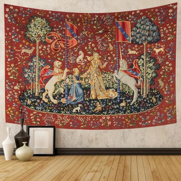 Wandteppiche, Wandteppich, Einhorn, dekorativer Hintergrund, hängendes Tuch, mittelalterliche Damen, Wohnzimmer, Schlafzimmer, Heimdekoration, Wand
