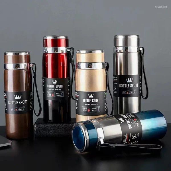 Bottiglie d'acqua 1000ML Thermos in acciaio inossidabile di grande capacità Boccetta sottovuoto portatile Bicchiere isolato con bottiglia termica in corda Bicchieri