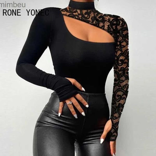 Kadın T-Shirt Kadınlar Şık Patchwork Out Yarı Yüksek Boyun Uzun Kollu Bodycon Seksi Siyah Bluz Üstleri L240201