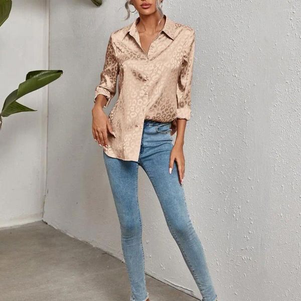 Camicette da donna Camicia con stampa leopardata da donna Maniche lunghe Cardigan con risvolto per camicetta formale stile business con molla liscia