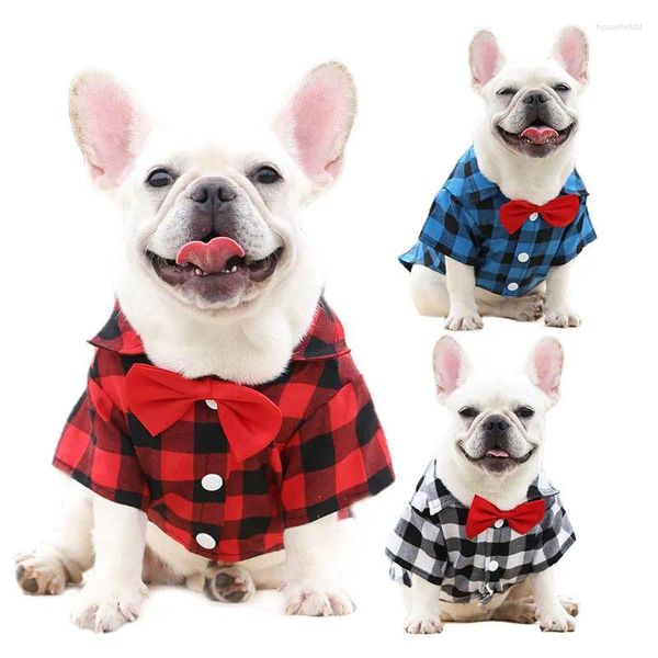 Vestuário para cães xadrez roupas para animais de estimação pequeno médio grande camisa terno vestido de casamento francês bulldog pug corgi camiseta com gravata borboleta traje