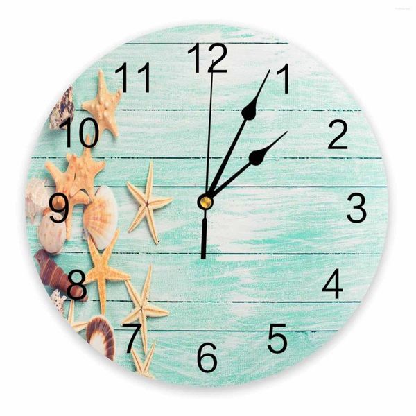 Relógios de parede Shell Starfish Placa de madeira Verão Decorativo Relógio Redondo Design Personalizado Não Ticking Quartos Silenciosos Grandes