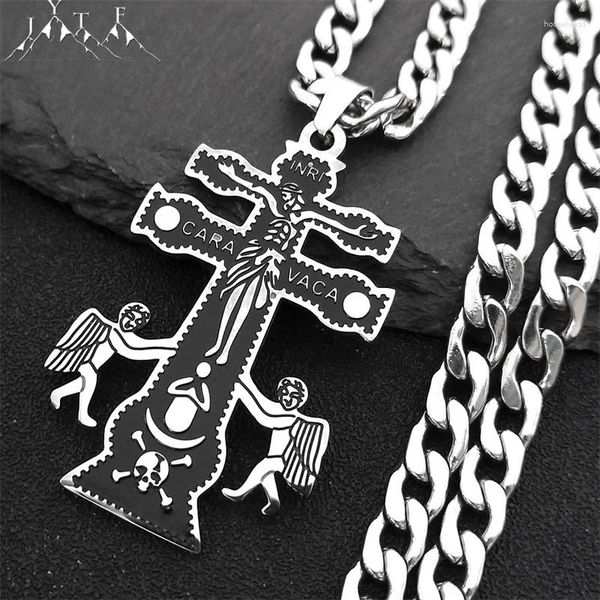 Kolye Kolyeleri Katolik Inri Caravaca Cross Crucifix Cherub Angel Angelle Kadınlar Erkekler Paslanmaz Çelik Ortodoks Rusya Takı N9612S05