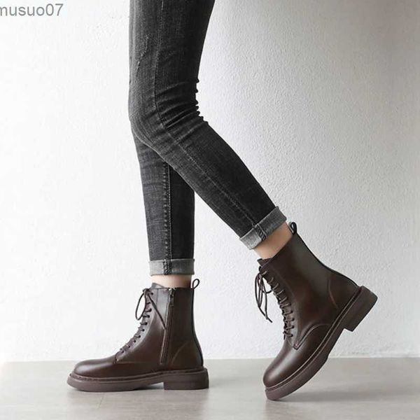Boots Leather Short Shoes for Women Platform Combat Lace-up Brown Female Ankle Boots Punk Style with Laces Booties Elegant Low Heels