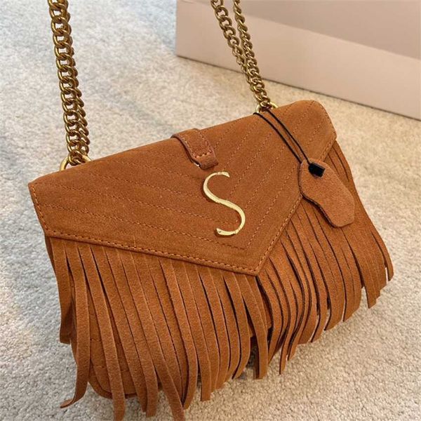 Schicke S-Letter-Crossbody-Designertasche, Goldkette, Lederhandtasche, Damenfransen-Wildledertasche, Winterbraune Umhängetasche, modische Quasten, Umhängetaschen, Geldbörse