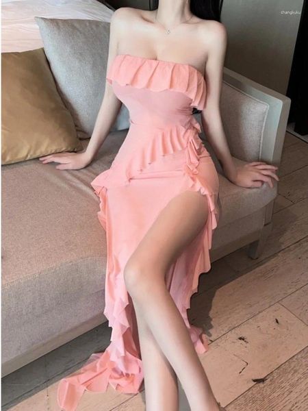 Casual Kleider WOMENGAGA Abend Langes Kleid Elegante Frauen Nachtclub Rüschen Sexy Eine Schulter Rosa Süße Koreanische Tops UQ9O