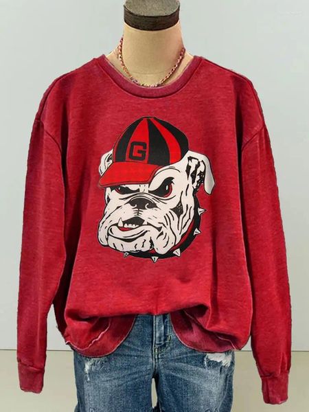 Kadın Hoodies Yıkanmış Pamuk Buldog Baskı Gündelik Sweatshirt Crewneck Arch Sevimli Külot