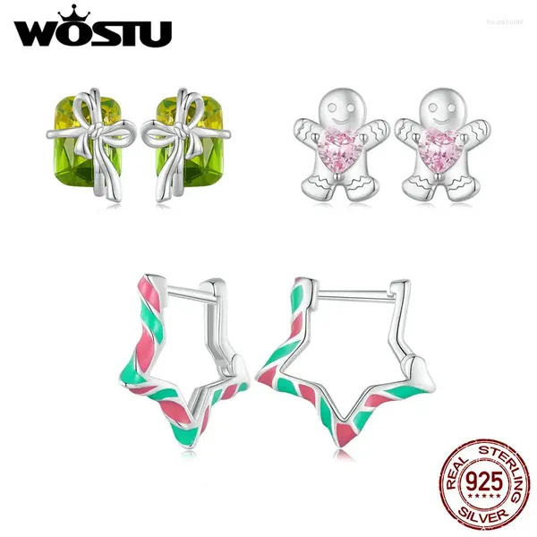 Orecchini a bottone WOSTU Argento sterling 925 Regalo di buon Natale Stella arcobaleno Orecchini a forma di scatola di cristallo Orecchini a forma di omino di pan di zenzero rosa di Natale