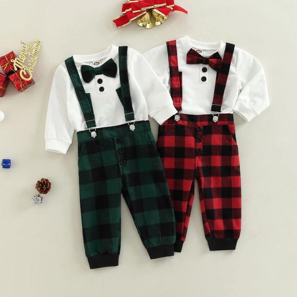 Conjuntos de roupas Citgeeautumn Natal infantil bebê menino calças terno manga longa camisa xadrez impressão suspender calças roupas