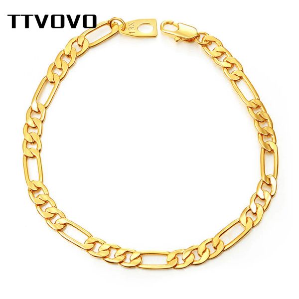 Pulseiras TTVOVO Mens Gold Color Figaro Chain Link Chain Bracelet para Mulheres 5mm Wide Chain Pulseira Bangle Masculino Moda Hip Hop Jóias