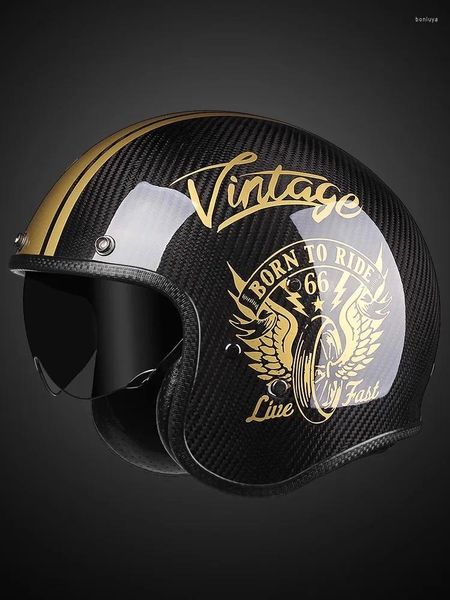 Motosiklet Kaskları Siyah Altın Ateş Karbon Fiber 3/4 Scooter Jet Açık Yüz Kask Retro Motobike İç Visor ile