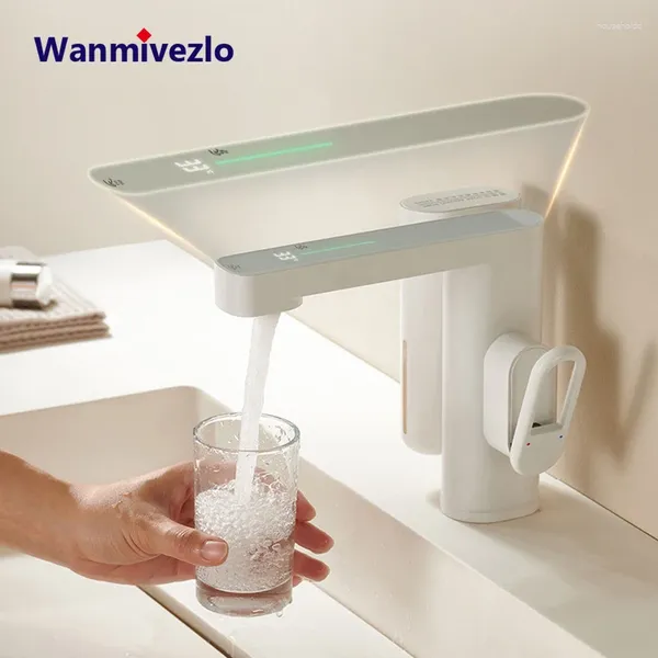 Banyo lavabo muslukları beyaz akıllı dijital ekran havzası musluk sensörü siyah su karışıcısı musluk pil gücü