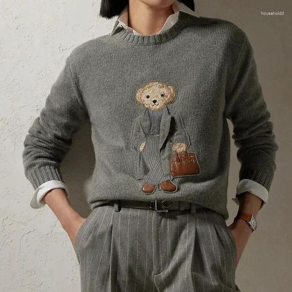 Suéteres femininos 2024 outono inverno mulheres camisola de caxemira desenhos animados rl urso o pescoço casual malha jumper pulôveres de manga comprida