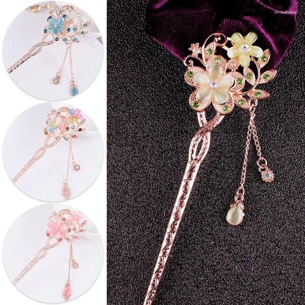 Grampos de cabelo moda metal estilo chinês vara flor strass pauzinhos hairpin longo borla pérola clipe acessórios