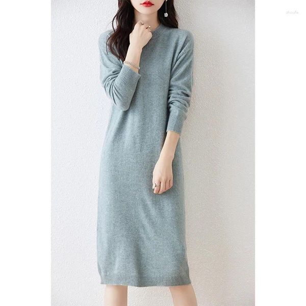 Vestidos casuais lã padrão para mulheres 2024 inverno moda comprimento-keen cashmere feminino o-pescoço roupas dr01