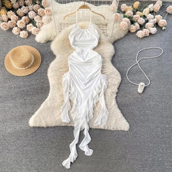 Повседневные платья Foamlina, белое платье с бретелькой на шее для женщин, праздник 2024, 3D цветок, нерегулярные оборки и края, открытая спина для девочек, отпуск