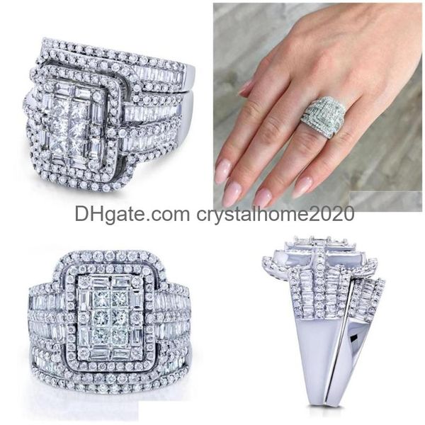 Anéis de casamento charme feminino branco cristal pedra anel conjunto para mulheres vintage nupcial quadrado noivado atacado entrega de gota dhbju