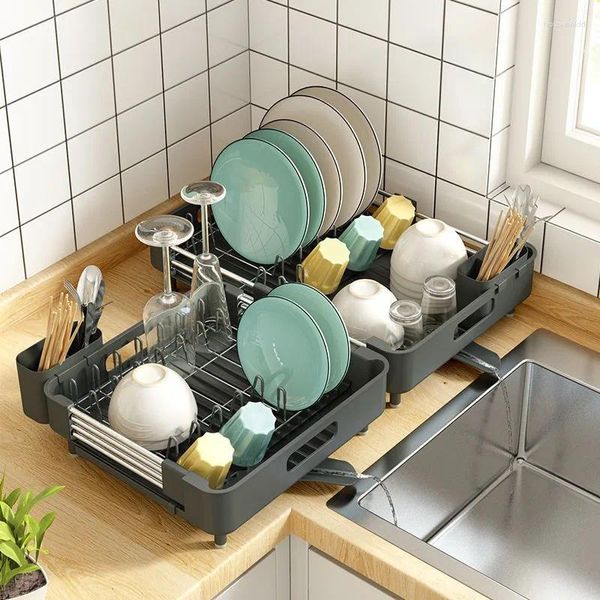 Escorredor de prato de armazenamento de cozinha, suporte de escova de limpeza, placas expansíveis, resistentes à ferrugem, organizador de bancada