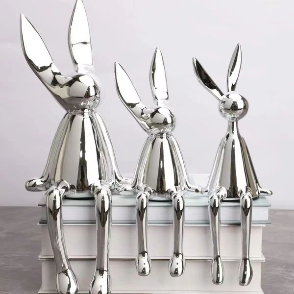 3 peça criativo brilhante coelho estátua decoração de casa moderna nórdico animal resina arte escultura artesanato desktop ornamento galvanizado 240119