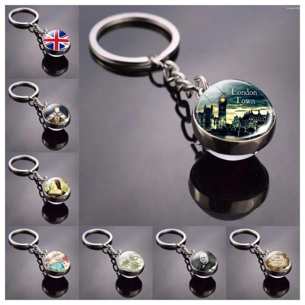 Portachiavi Portachiavi Londra britannica Inghilterra Big Ben Souvenir Regalo Bandiera del Regno Unito Mappa Elizabeth Churchill Portachiavi in vetro cabochon