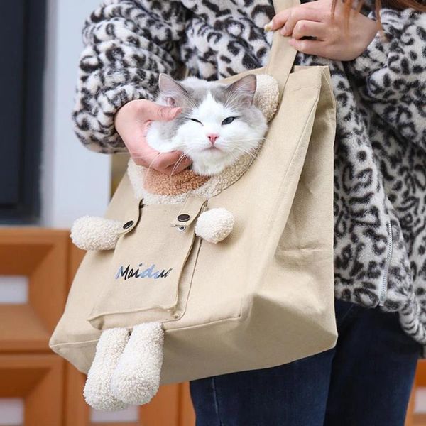 Bolsa transportadora para animais de estimação, bolsa de lona para uso ao ar livre, respirável, grande capacidade, portátil, desenho animado, urso, decoração, filhote de cachorro, gato, bolsa de viagem