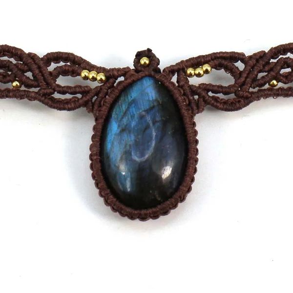 KFT Labradorite naturale Pietra originale Goccia d'acqua Filo fatto a mano Corda Avvolta Intrecciata Macrame Collana a catena Donna Ragazza Gioielli 240127