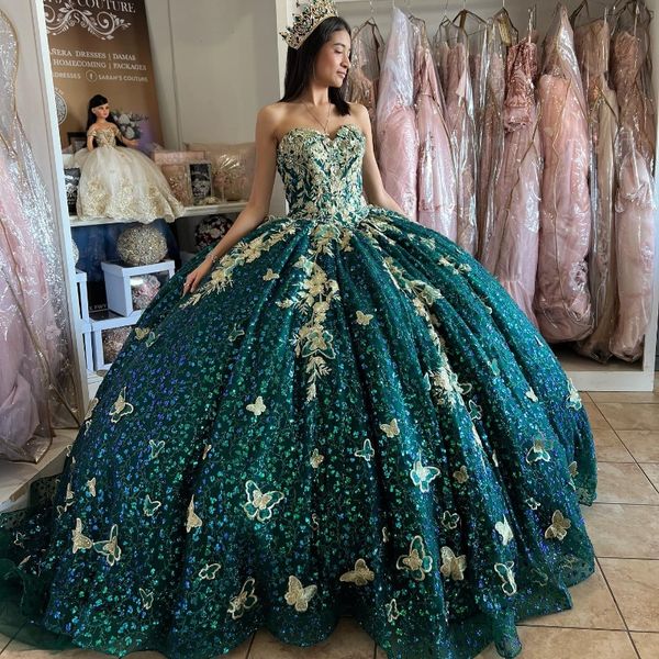 Verde esmeralda quinceanera vestidos para 16 menina fora do ombro apliques de ouro arco miçangas princesa aniversário vestidos de baile de