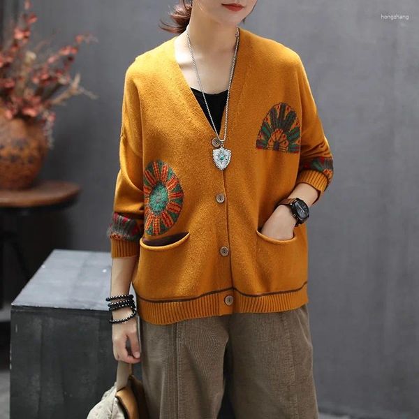 Roupas étnicas Mulheres Malha Amarelo Cardigan Suéteres Retro Vintage Moda Feminina Solta Senhoras Chinesas Tops TA2165