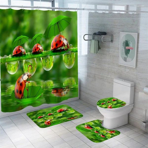 Duschvorhänge, Cartoon-Marienkäfer-Vorhang zum Baden, bedruckt, Badematten-Set, wasserdicht, hochwertige Teppiche, umweltfreundliche Toilettenvorleger