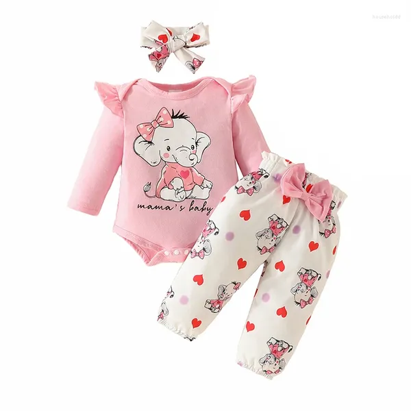 Kleidungssets 3PCS Baby Mädchen Cartoon Elefanten Druck Bodys Langarm Onesies Top Elastische Taille Hosen Infant Outfit 0-18 Monate