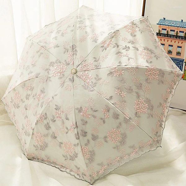 Guarda-chuvas Dupla Camada Anti UV Feminino Chuva Guarda-chuva Renda Flor Sombrinha Viagem Resistente ao Vento Dobrável Protetor Solar Ensolarado