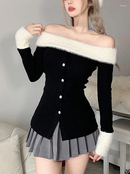 Damenpullover Winter Slim Vintage Schwarz Tops Bürodame Langarm Casual Pullover Elegante koreanische Modekleidung Frau Knopfdesign