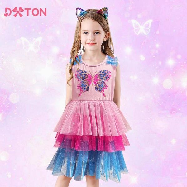 Vestidos de menina dxton crianças verão sem mangas vestido colorido crianças em camadas bolo princesa borboleta lantejoulas vestidos