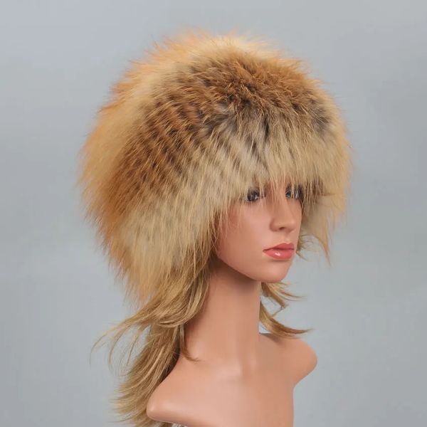 Real Fox Fur Pompom Bomber Chapéus de Inverno Russo Feminino Máscara de Esqui Natural Raccoon Fur Hat Malha Skullies Gorros Queda Womens Cap 240122