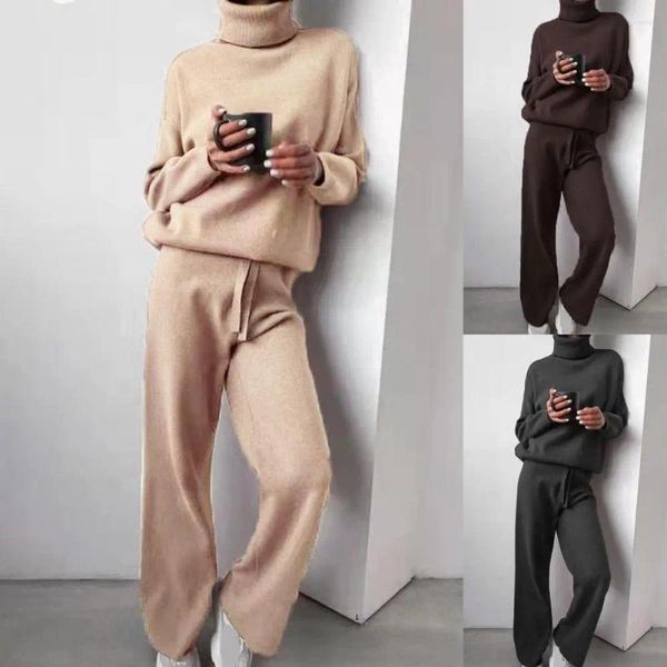 Pantaloni a due pezzi da donna 1 set maglione dolcevita con coulisse abito lavorato a maglia pullover a maniche lunghe tinta unita da donna per lo yoga