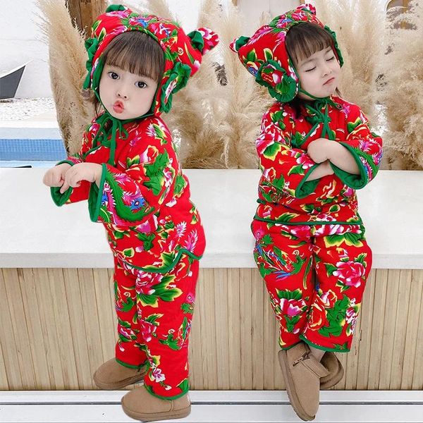 Abbigliamento etnico Cappotto in cotone a fiori spessi per bambini Cina nordorientale Set da 2 pezzi Completo per ragazzo Ragazza Anno Pantaloni in stile cinese