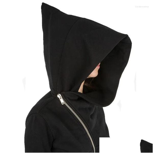 Felpe con cappuccio da uomo Felpe Cappello da mago Cerniera obliqua Felpe con cappuccio Punk Rock Hiphop Streetwear Stile gotico Zip diagonale Mantello nero Ho Dhekx