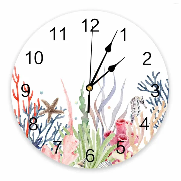 Wanduhren Sommer Ozean Koralle Seepferdchen Seestern Bedruckte Uhr Moderne Stille Wohnzimmer Wohnkultur Hängende Uhr