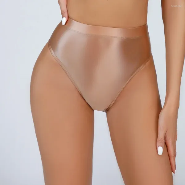 Calcinha feminina cintura alta cetim brilhante parece respirável roupa interior sexy lingerie cuecas cuecas brilhantes bottoms