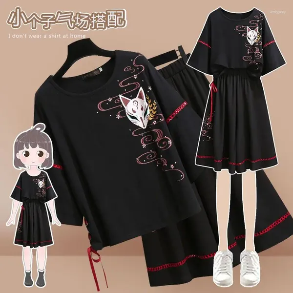 Vestidos de trabalho estilo chinês feminino conjunto hanfu modificado meia linha saia diária preto manga curta camiseta roupas de duas peças