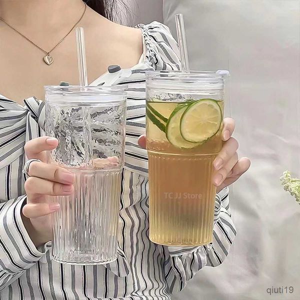 Thermos Tazza di vetro a righe da 600 ml Bicchieri trasparenti con coperchio e cannuccia Bicchieri da caffè Tazza da caffè Succo di latte Tè Tazze d'acqua Bicchieri