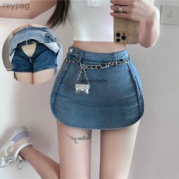 Saias Mulheres Casual Envoltório Botão Jean Denim Skort Zíper Invisível Aberto Crotch Calças Saia Curta Minissaia Sexy Namorado Sexo Ao Ar Livre YQ240201