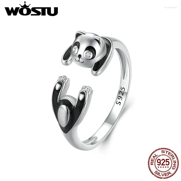 Anéis de Cluster Wostu 925 Sterling Silver BlackWhite Panda Aberto Mulheres Jóias Exclusivas Bonito Chinês Pandas Animal Anel Menina Presente de Aniversário