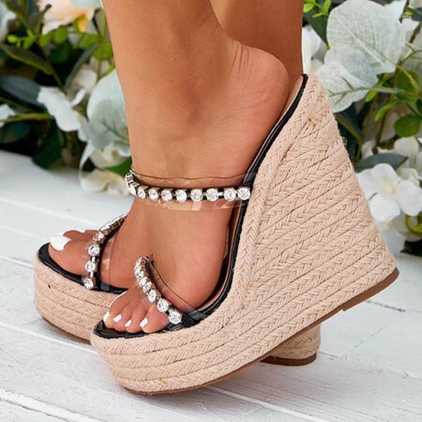 Slippers Summer Summer Western Style Wedge grossa sola de moda de moda feminina diamante brilhante ao ar livre sapatos de dedão alto 14 cm