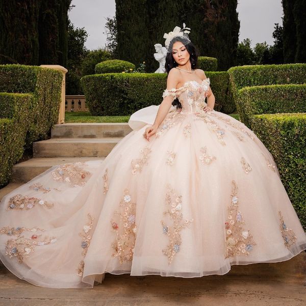 Leichtes Champagner-Kapelle-Quinceanera-Kleid für 15 Jahre, glitzerndes, verträumtes, elegantes Mädchen-Abschlussballkleid mit Blumenapplikationen und Spitze aus Tüll für 16 Jahre