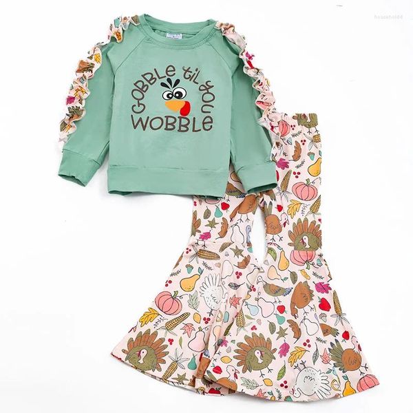 Conjuntos de roupas Girlymax Outono Outono Ação de Graças Criança Bebê Meninas Crianças Roupas Devorar Turquia Impressão Outfit Ruffles Calças Conjunto