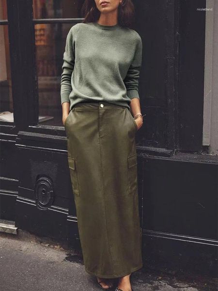 Saias outono moda feminina europeia e americana casual versátil na moda imitação de couro workwear midi saia