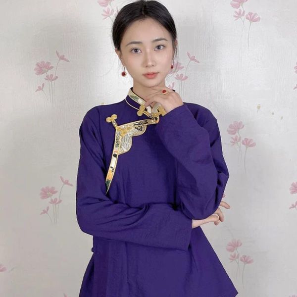 Etnik Giyim Tibet Kız Kostüm Saf Pamuk Yaldızlı Bluz Xizang Noble Tibet Tarzı Kadınlar Seyahat Po Top Purple Sarı Beyaz