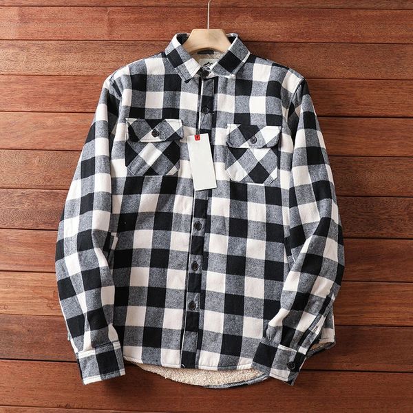White Black Fleece Plaid Shirt Jacket Men Winter Mens Warm Flannel Checkered Shirts Mens Casual Button Up Chemise Homme 240201