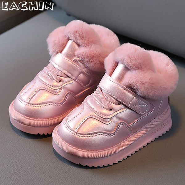 Botas de neve de inverno para crianças moda couro pu sapatos impermeáveis meninos mais caxemira botas curtas grossas meninas bonito rosa sapatos casuais 240127